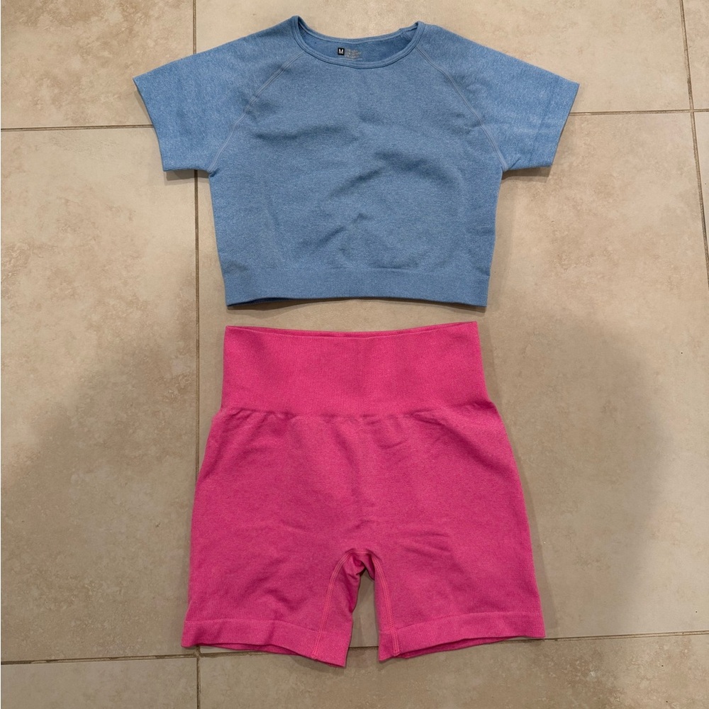Athletic Blue Crop Top and Pink Shorts Set